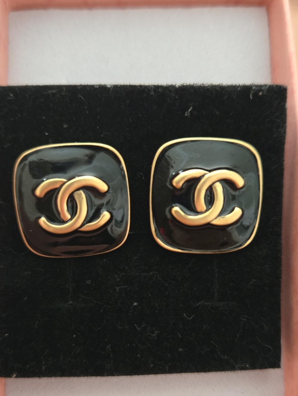 Just 1 - Black and Gold Square CC Enamel Earrings w/Detail New